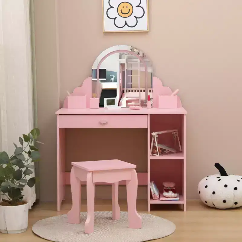 COZONY Kids Vanity with Mirror & Stool, Adjustable Brightness, Storage Drawer & Shelves, for Girls Ages 39