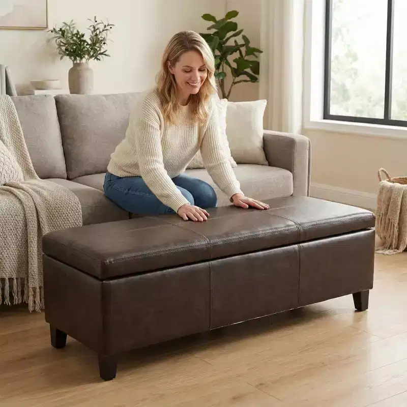 Zeus & Ruta 50.25 Rectangular Storage Ottoman Bench in Distressed Brown Faux Leather, Lift-Top