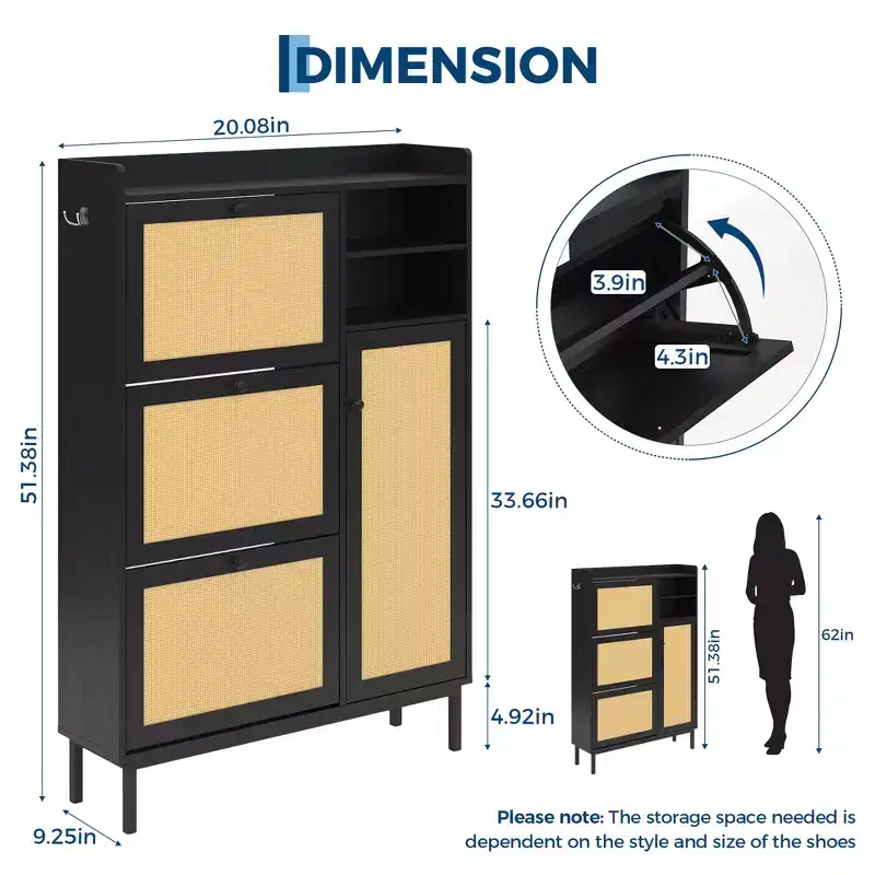 Rattan Shoe Cabinet with 3 Flip Drawers & 4-Tier Shelves