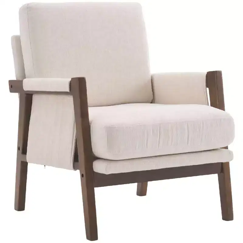 Mid-Century Modern Accent Chair with Chenille Upholstered Wooden Lounge Chair with Armrest Single Sofa Chairs for Living Room, Bedroom