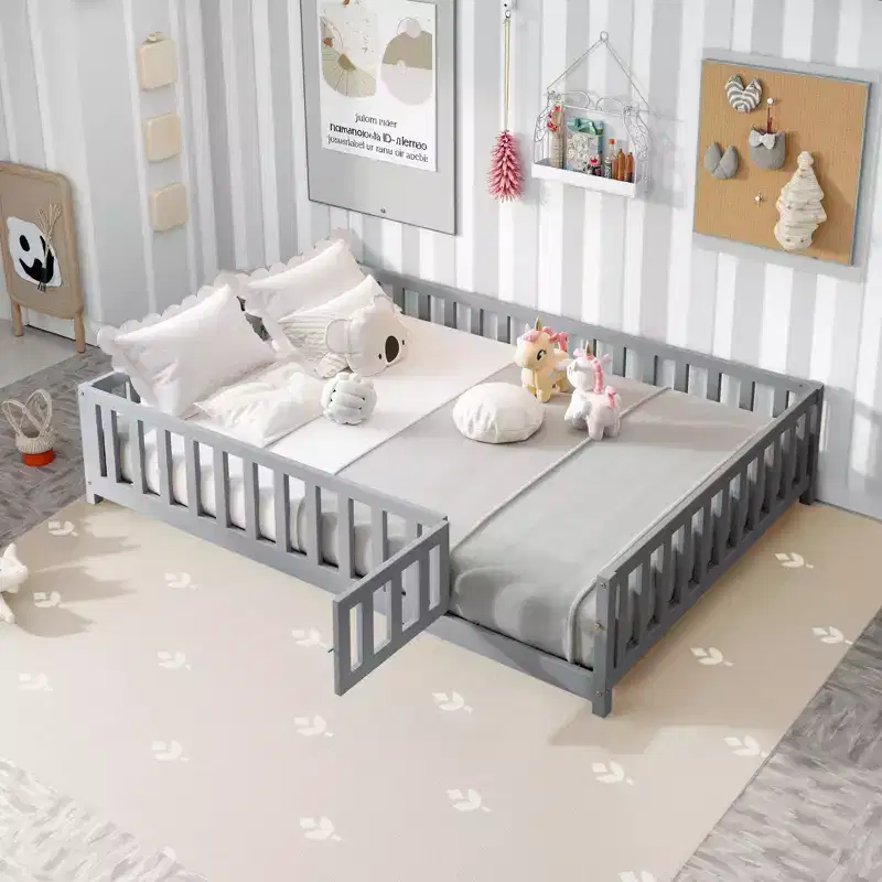 TUYOHW Full Size Toddler Floor Bed for Kids with Support Slats and Door,Modern Montessori Bed with Guardrails for Bedroom