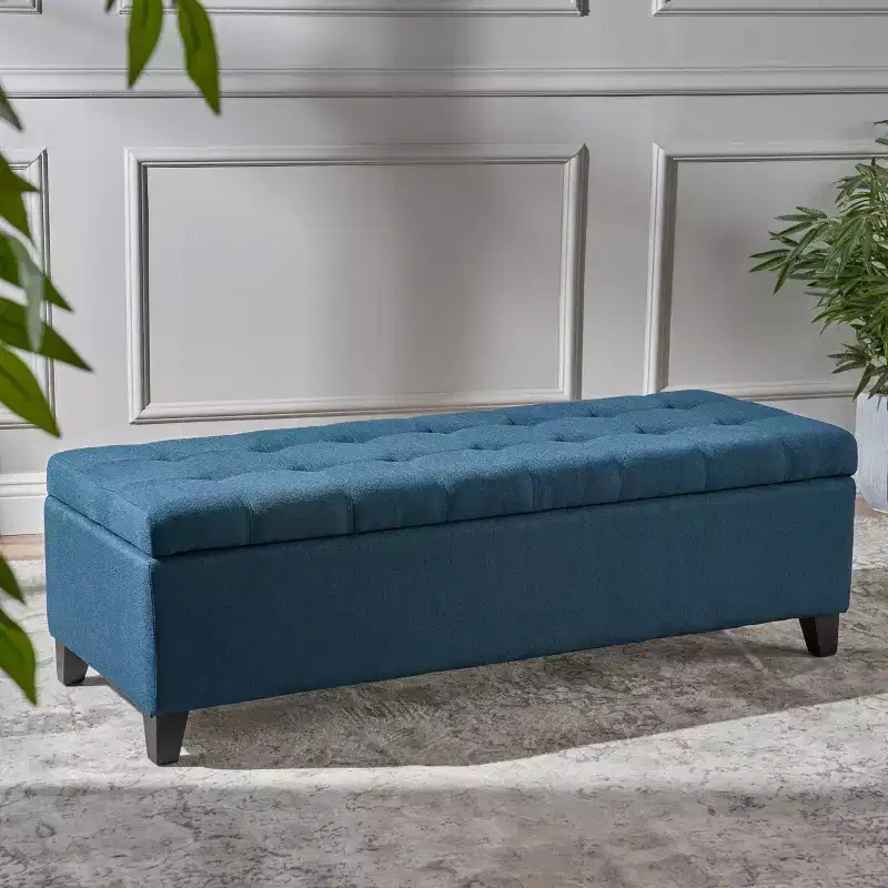 Storage Ottoman with Tufted Waffle Stitching, Storage Bench with Wooden Legs, Entryway Bench for Living Room, Bedroom, Navy Blue