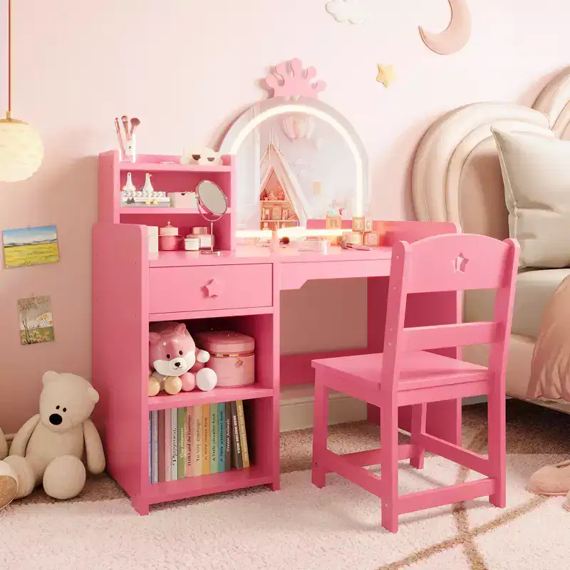 Kids Vanity with Lighted Mirror & Stool, Little Girl Vanity Table Set with Open Bookshelf, Toddler Dressing Table for Girls