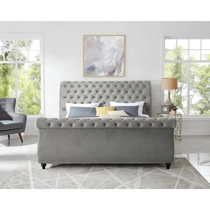 Grey Velvet Button-tufted Sleigh Bed