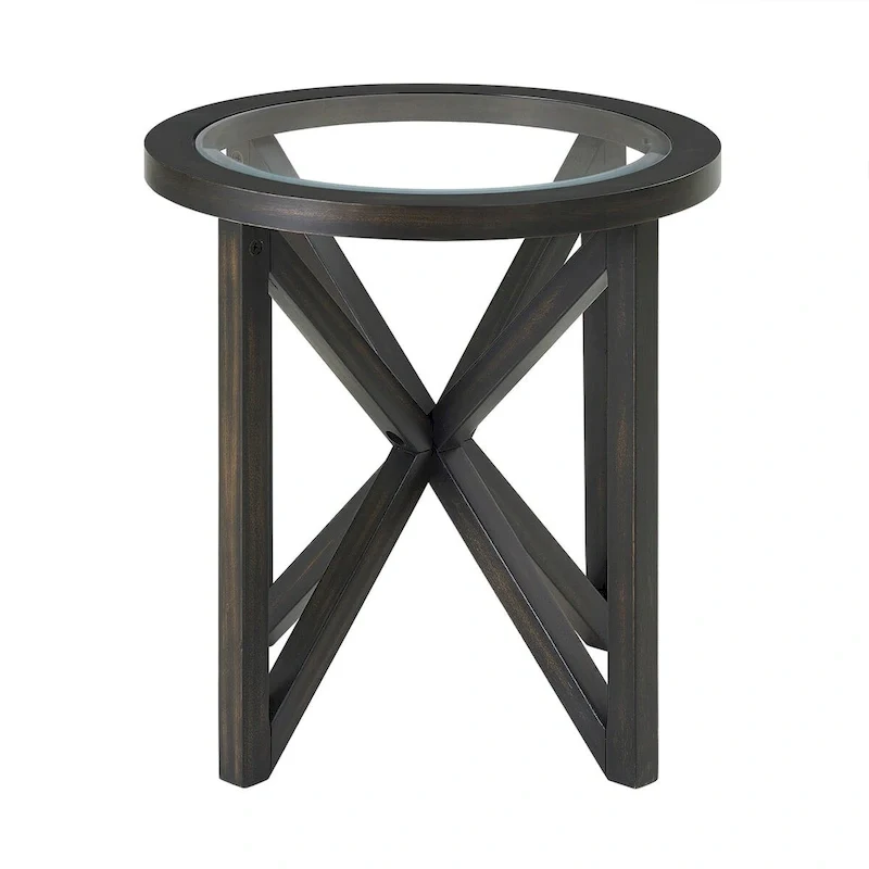 Tempered Glass Coffee Table Solid Wood Base Round Transparent Glass Top