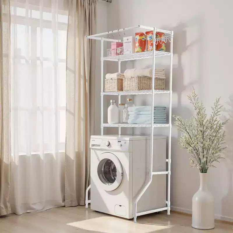 3 Tier Over Washer Dryer Storage Shelf with Hanging Rod Hooks and Adjustable Shelves for Laundry Room