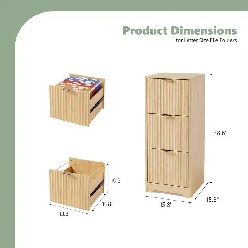 Karl Home3 Drawer Wooden File Cabinet Wood Grain Finish Fluted Design