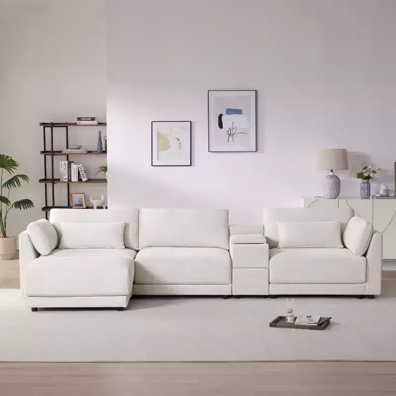 Whisen Modular Sectional Sofa with Storage Console and Movable Ottoman, 33'' Wide Seat, 4 Seat L Shaped Chenille Couch