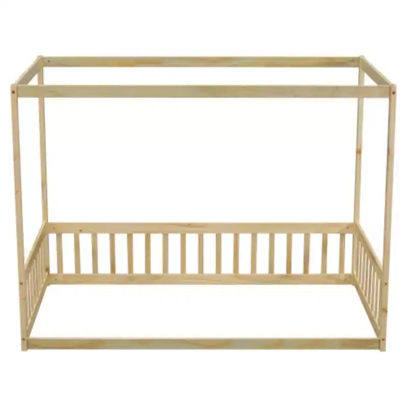 Twin Size Canopy Frame Floor Bed with Fence Constructed for Durability