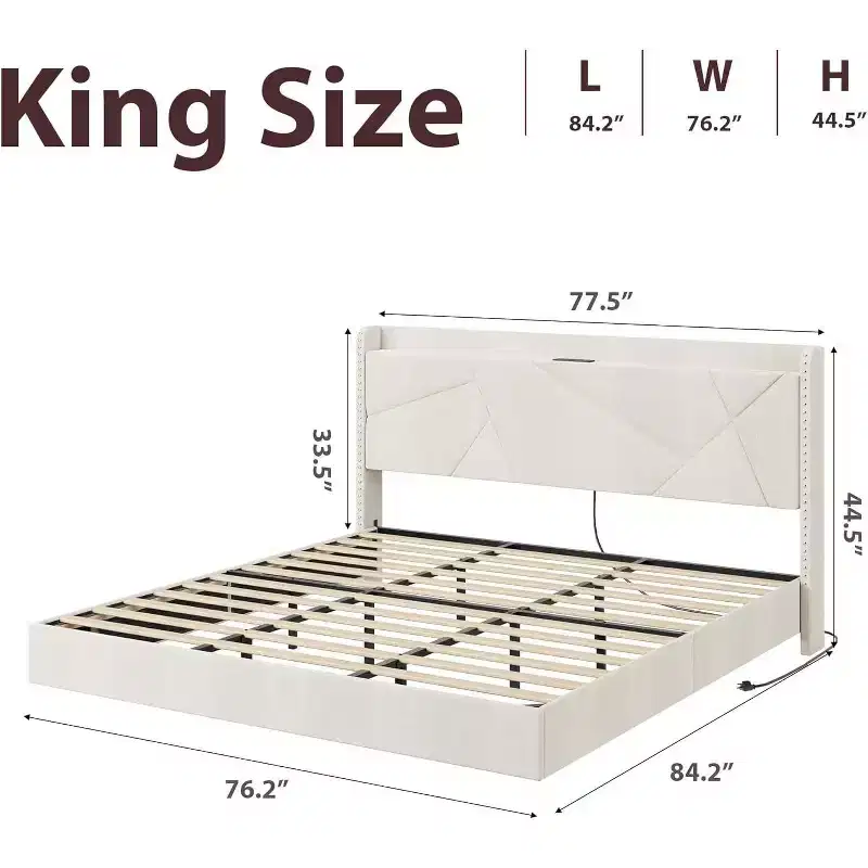 Floating Upholstered Platform Bed Frame with LED Lights & Charging Station