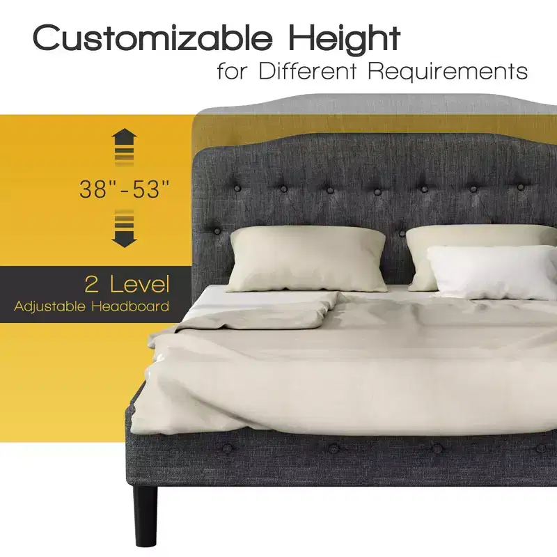 Queen Upholstered Headboard Adjustable Button Tufted Faux Linen Light Grey