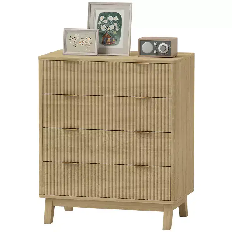 4 Drawer Double Dresser for Bedroom, Fluted Chest of Drawers with Gold Finger Pulls and 4 Wood Legs
