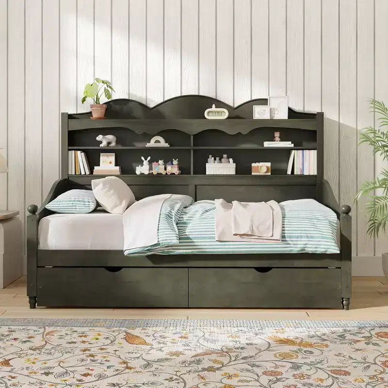 Twin Daybed with Storage Drawers and Headboard Shelves, Wooden Day Bed Frame, Antique Grey