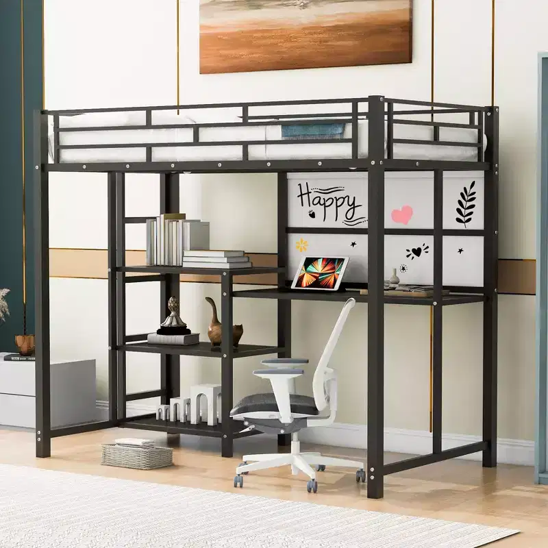 Loft Bed with Desk and Whiteboard for Kids Boys Girls, Metal Loft Bed with 3 Shelves and Ladder