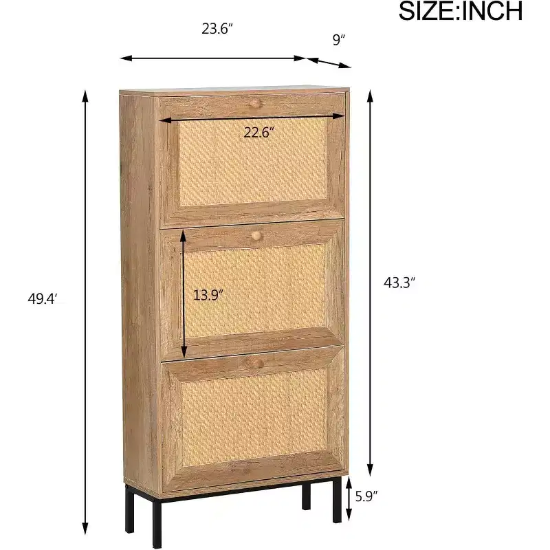 Natural Rattan Shoe Cabinet, 3-Tier 6-Compartment Entryway Shoe Organizer, Wood Handle and Matte Metal Base, 26.6x9.4x48.2