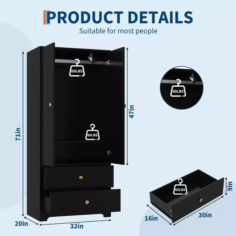 71 Armoire Wardrobe Closet, Modern Wooden Bedroom Armoire with 2 Drawers & 2 Doors and Adjustable ShelvesClothing Storage Cabinet with Hanging