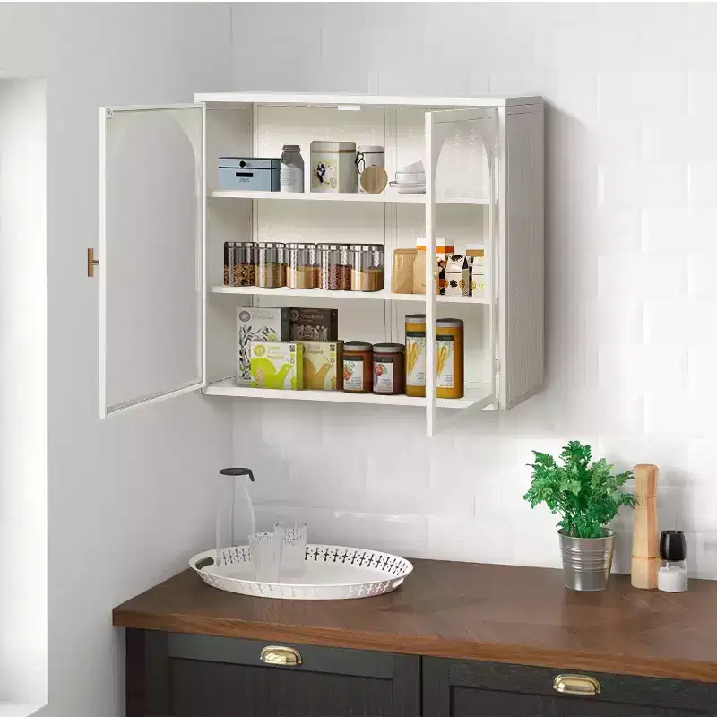 Okak Woven Pattern 2-door Wall Cabinet with Featuring 3-tier Storage Glass Doors for Entryway/Dining Room/Living Room/Kitchen