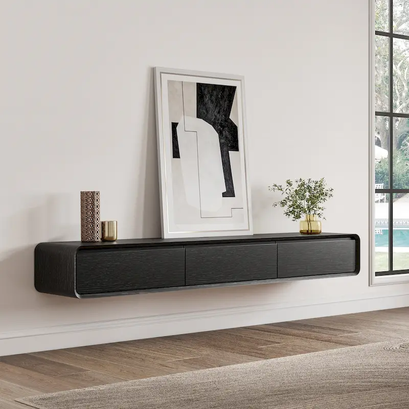 Floating Modern TV Stand for Living Room, Wall-Mounted Entertainment Center with Storage Drawers, Solid Wood, Fully-Assembled