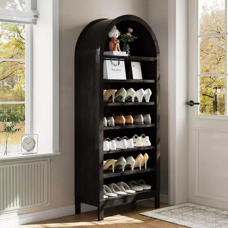 71in Tall Arched Shoe Storage Cabinet for Entryway, 7 Tier Wood Shoe Organizer with Adjustable Shelves