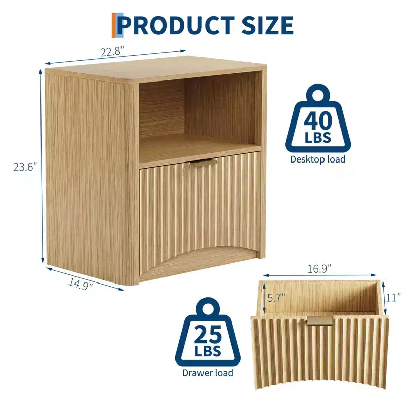 Nightstands, Fluted Nightstand with Drawer and Storage | Mid-Century Modern Wood End Table for Bedroom, Sofa, Office | Oak