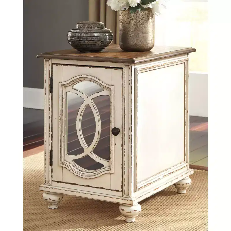 Signature Design by Ashley Realyn Chairside End Table White/Rustic Brown: Antique Distressed Look, Adjustable Shelf Storage