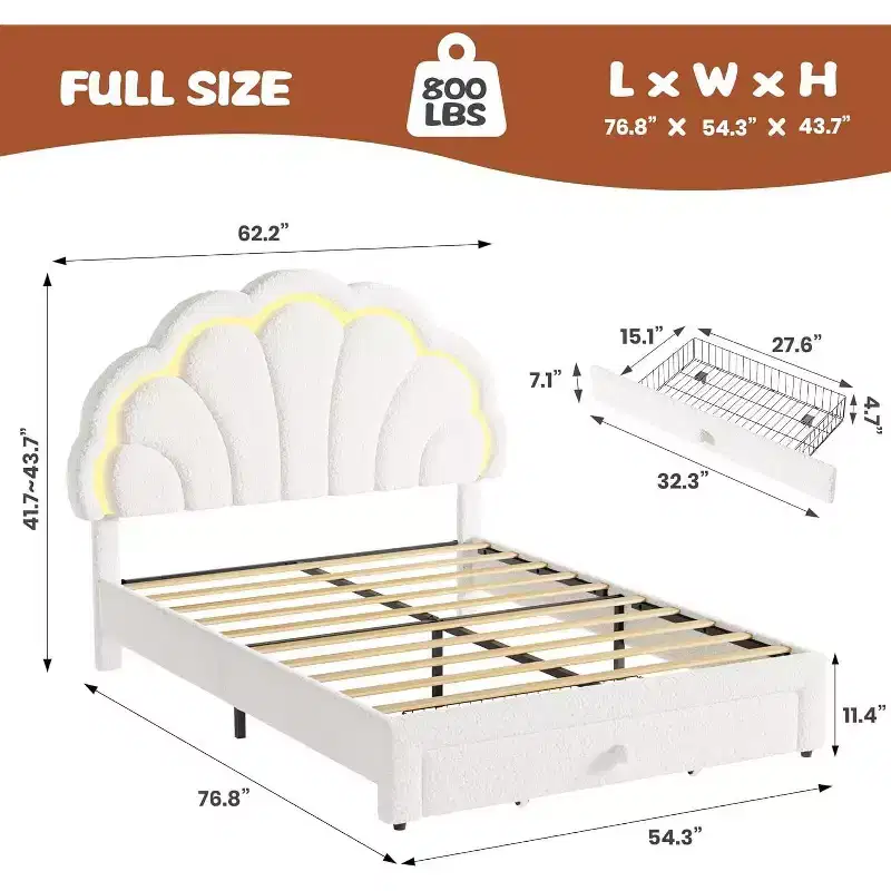 Upholstered LED Bed Frame with Adjustable Chic Headboard and Storage Drawer