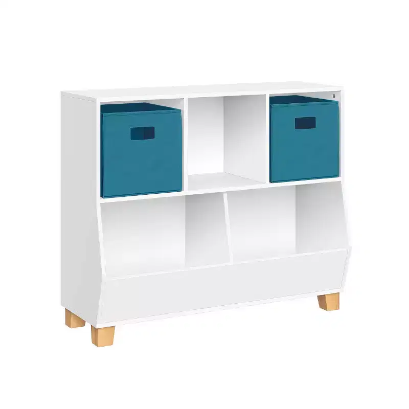 RiverRidge Kids' CatchAll Playroom 35 Toy Storage Organizer with 3 Cubbies and 2 Storage Compartments White with 2 Fabric Bins
