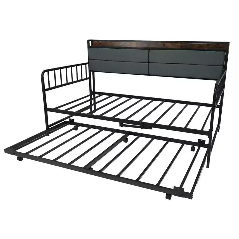 Twin Daybed with Trundle, RGB LED Lights & Charging Station – 480 lb Sofa Capacity, Metal Frame