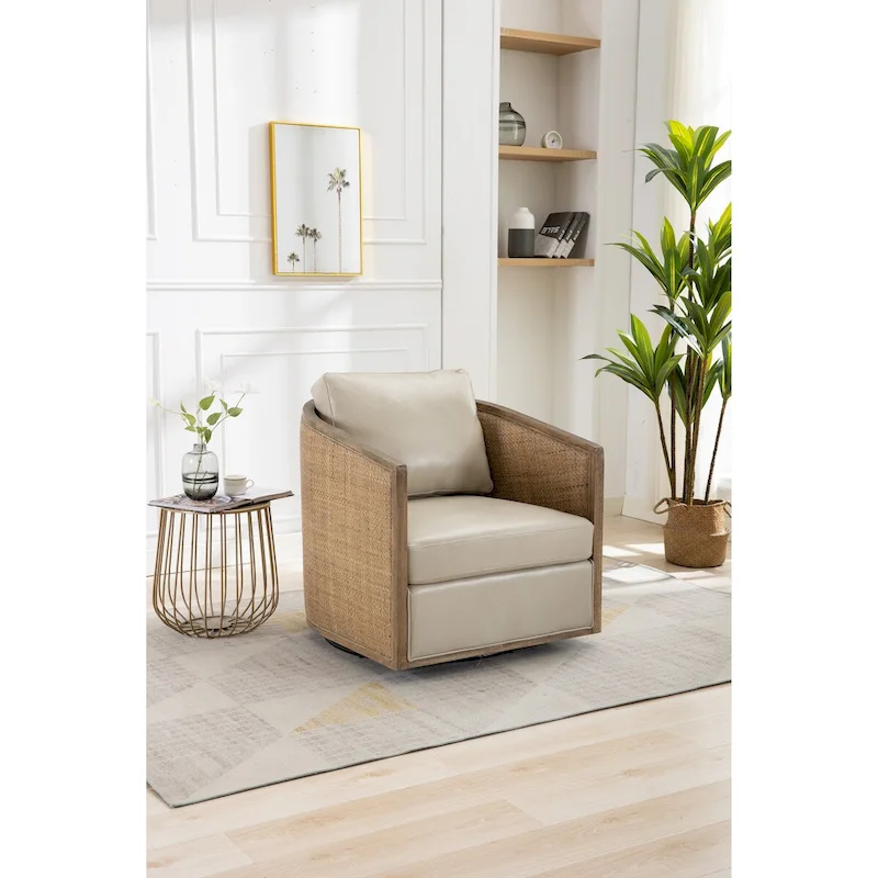 Swivel Barrel Chair, Comfy Round Accent Chair, 360 Degree Swivel Barrel Club Chair, Leisure Arm Chair with Rattan Woven Frame