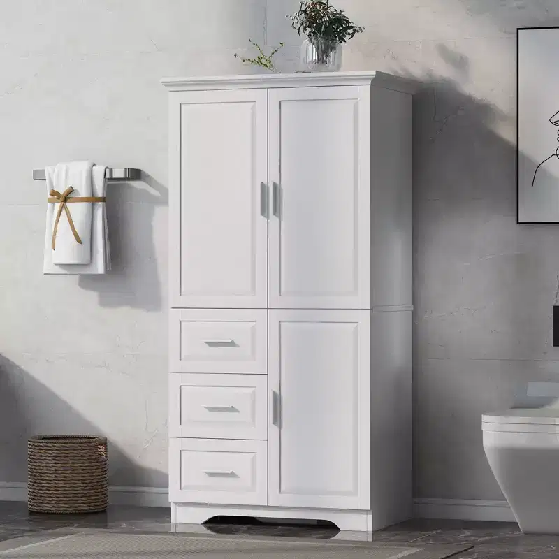 Tall and Wide Storage Cabinet with Doors for Bathroom/Office Three Drawers White