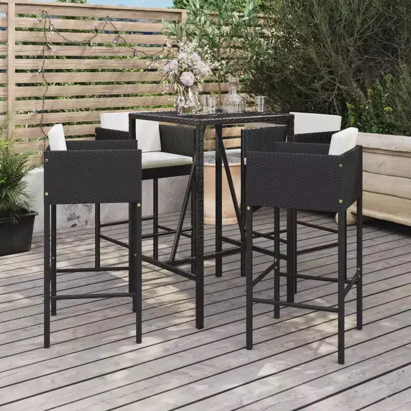 vidaXL Patio Bar Set with Cushions Table and Stool Outdoor Black Poly Rattan
