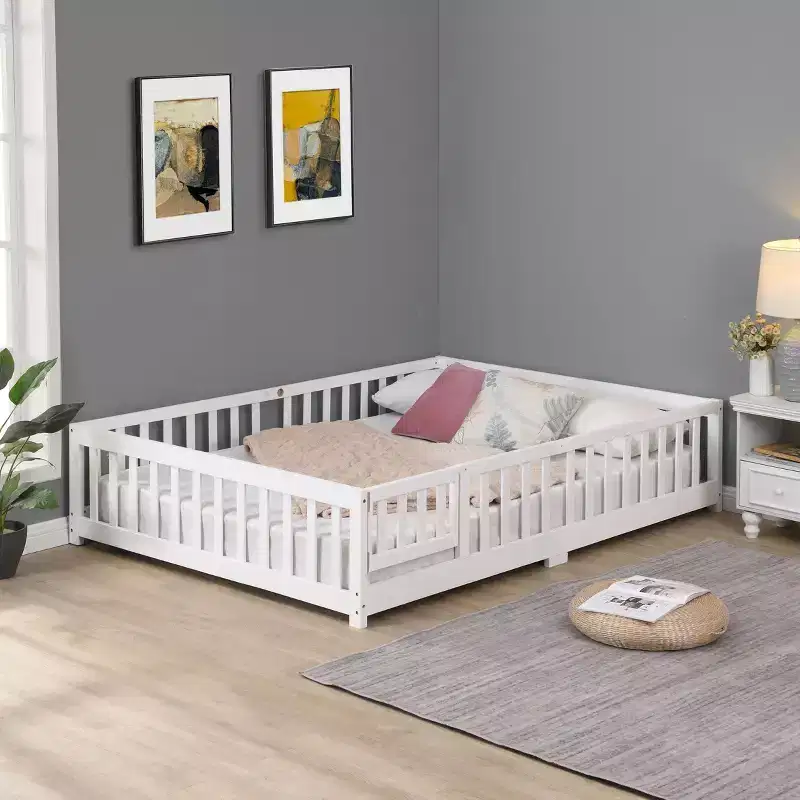 Solid Wood Bed Frame Twin Size, Floor Bed Frame with Safety Rails & Slat Support, Kids Bed for Bedroom
