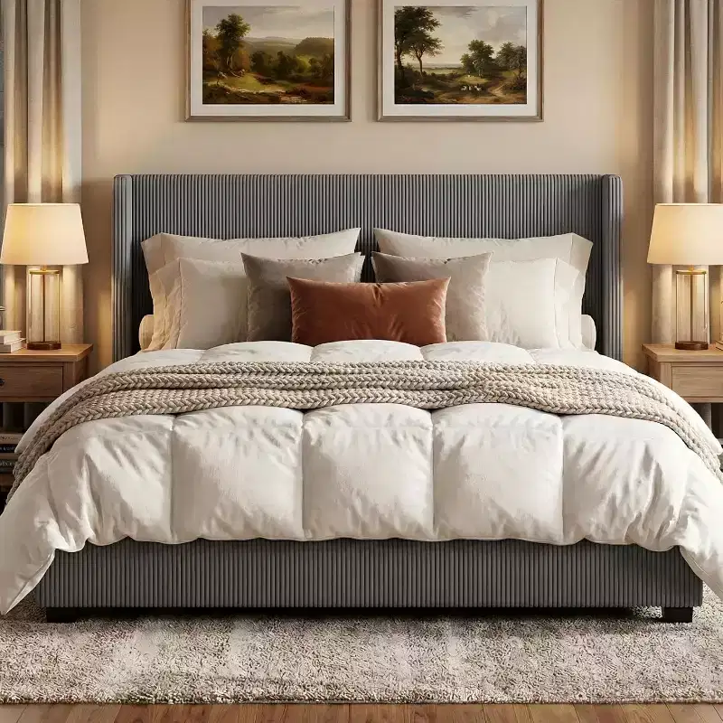 DobleePy Queen Size Corduroy Upholstered Platform Bed Frame, Grey, Storage Drawers, Tufted Wingback Headboard, No Box Spring Needed