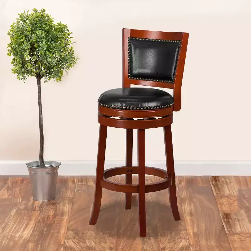 Open Panel Back Wood Barstool with Leather Swivel Seat