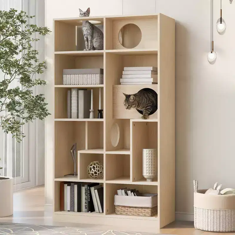 63.5 Tall Bookcase with Storage, Furniture Style Cat Tree Tower, Freestanding Display Cat Tree, Multifunctional Open Bookshelf for Home Living Room