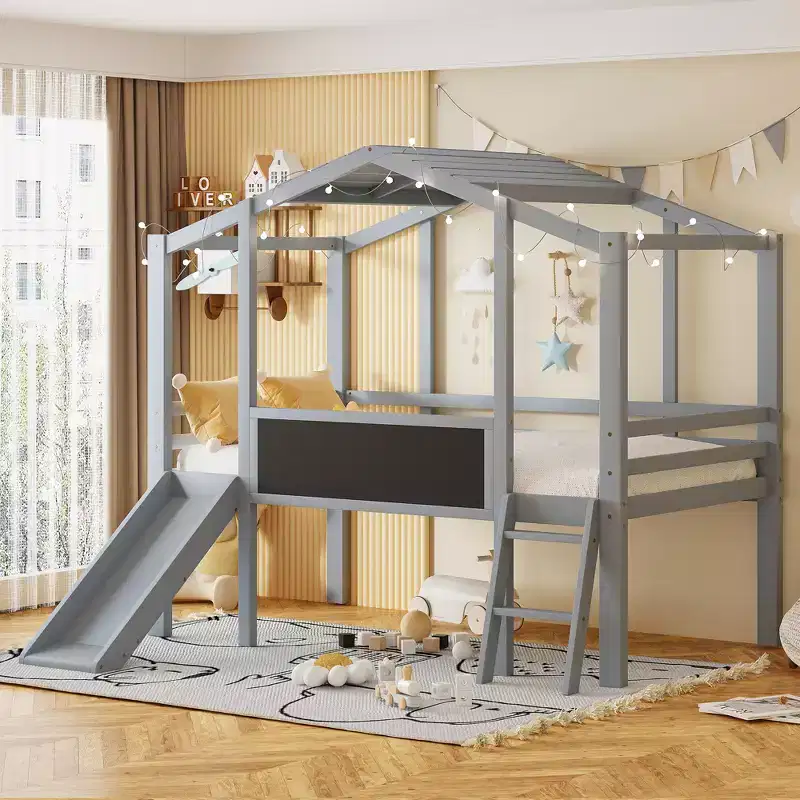 Whisen 78.9L x 72.7W Playhouse Twin Size Loft Bed with Ladder and Slide, with Blackboard and Light Strip on the Roof