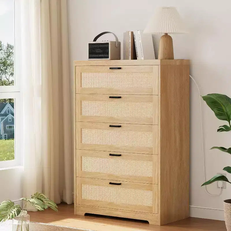 5 Drawer Rattan Dresser, Dresser with Power Outlets, Wood Dresser Chest of Drawers with Metal Handles for Living Room Closet Hallway Entryway
