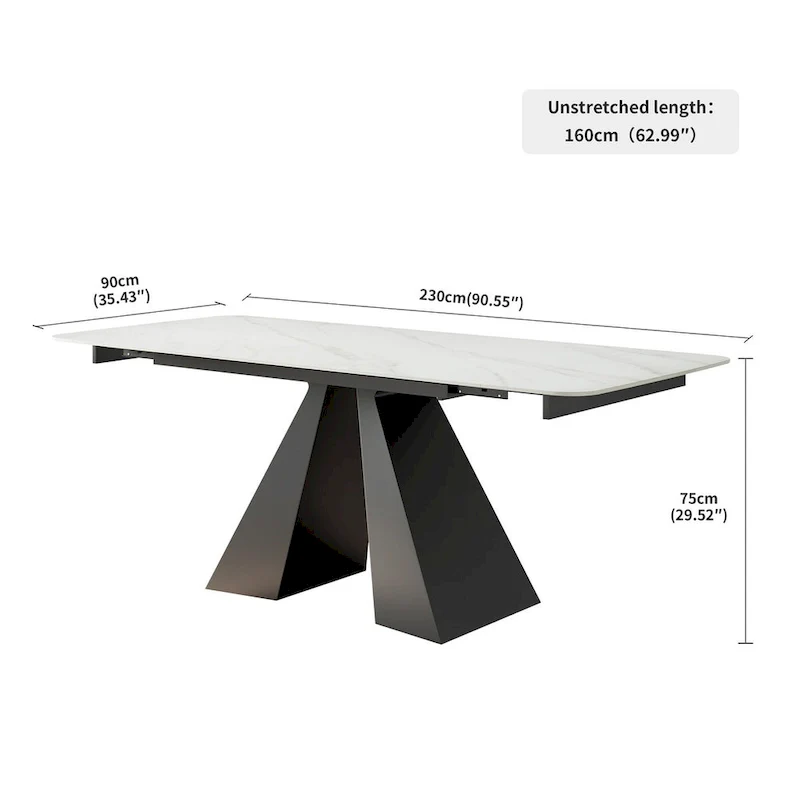 Rectangular Extendable Dining Table with Stone Top and Metal Base