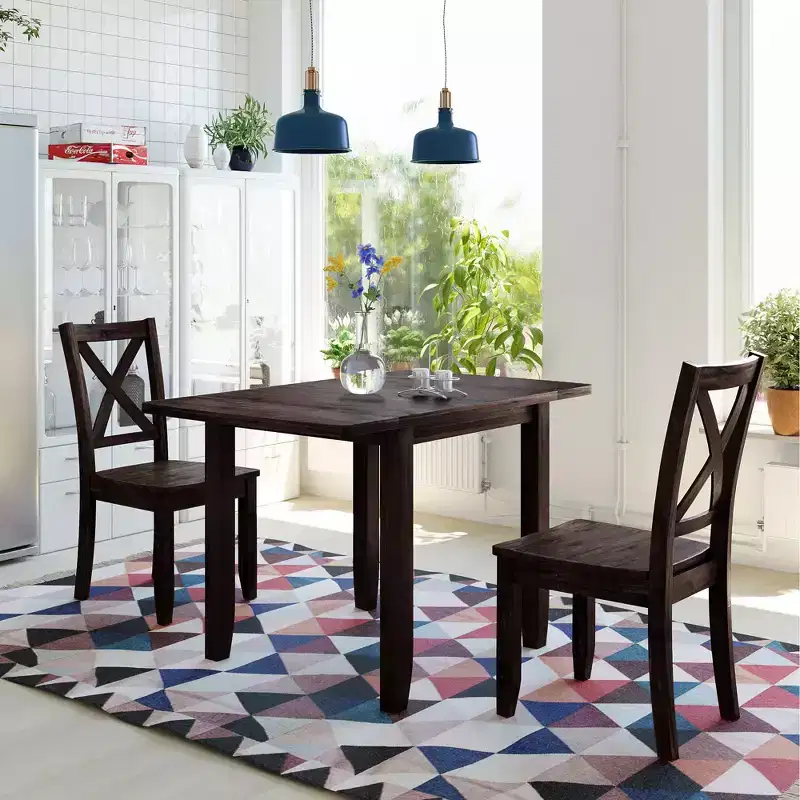 GDFStudio Torquil 3 Piece Ruberwood Dining Set with Foldable Dining Table and 2 X-back Chairs