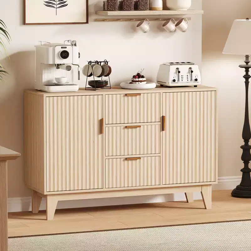 47.2 Modern Fluted Sideboard Buffet Cabinet with 3 Drawers, 2 Doors & Adjustable Shelves