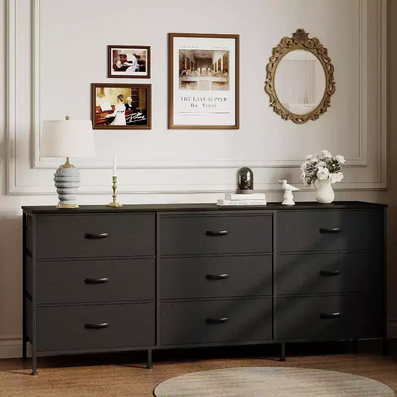 63 TV Stand with 9 Fabric Drawers and Wooden Top, Metal Frame Media Console Storage Organizer for Bedroom or Living Room