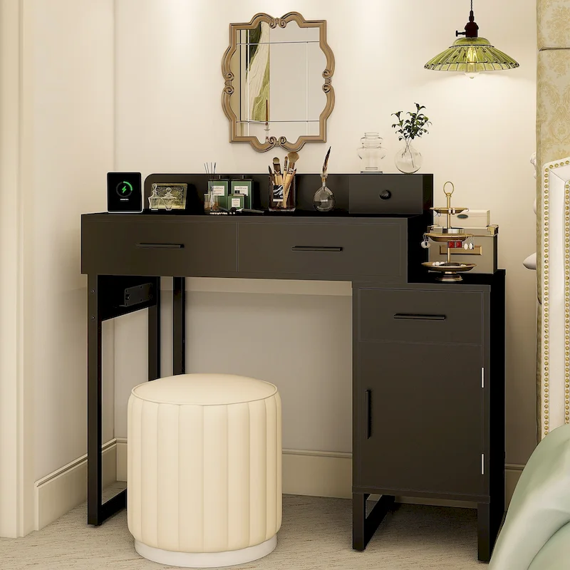 Reversible Makeup Vanity Desk With Charging Station and 4 Wooden Drawers and 1 Cabinet - N/A