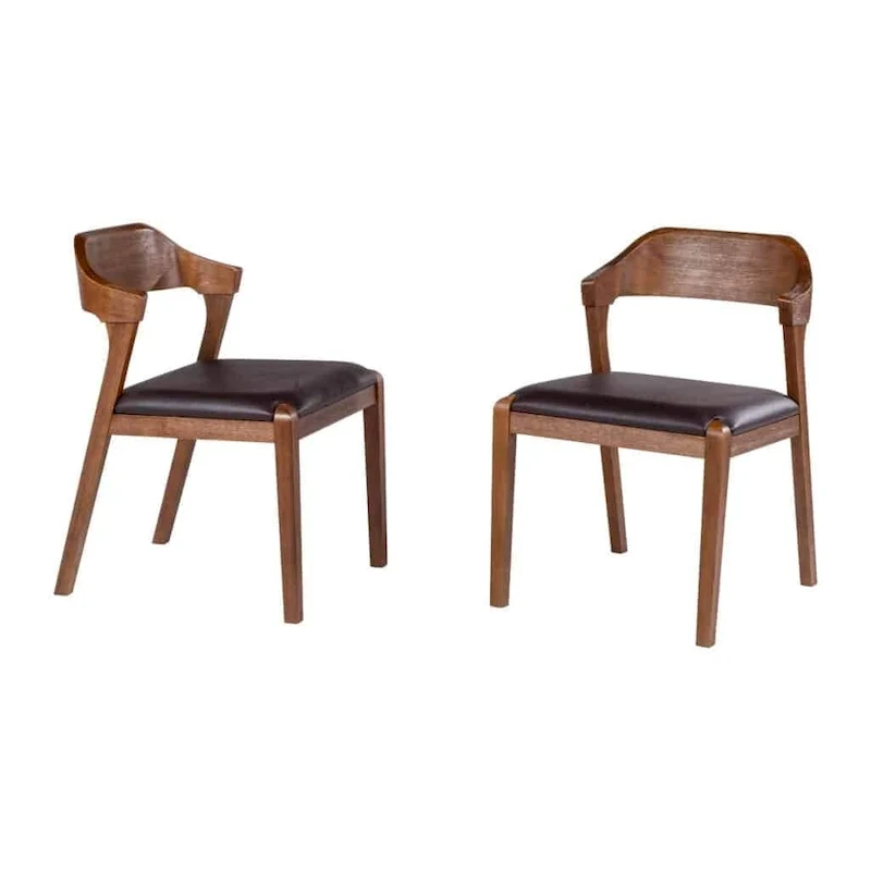 Mid-Century Dining Side Chair, Rubberwood, Faux Leather Padded Seat, Chestnut Wire-Brush Finish