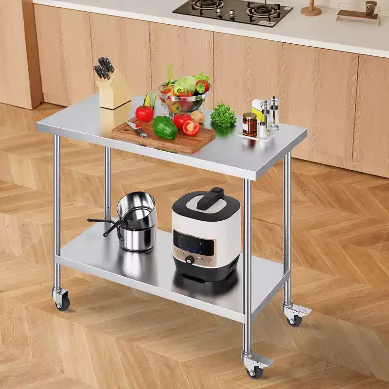 Stainless Steel Work Table 24 x 48 x 38 Inch with 4 Wheels and 3 Adjustable Height Levels, Silver