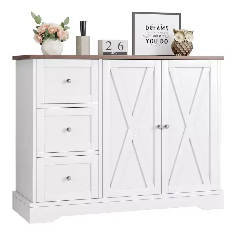 Buffet Cabinet with Storage, 42 Inch White Sideboard Coffee Bar with 3 Drawers, Space-Saving Legless Design for Small Spaces, White