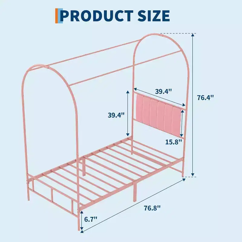 Twin Size Canopy Bed Frame with Upholstered Headboard, Metal Platform Kids Bed, Strong Slats, No Box Spring Needed
