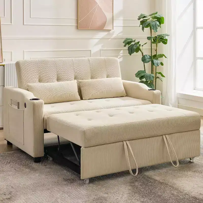 Convertible Sleeper Sofa Bed, Corduroy Futon Couches with Pull-Out Bed, Adjustable Backrest, Charging Port & Side Pockets, Modern Upholstered Sofa