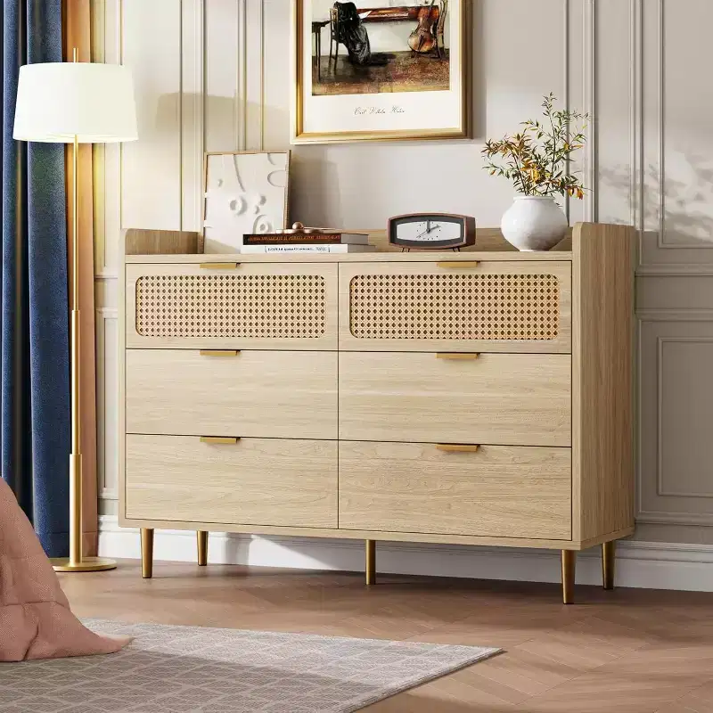 6-Drawer Dresser, Brown / Dark Walnut, Mid-Century Rattan Style