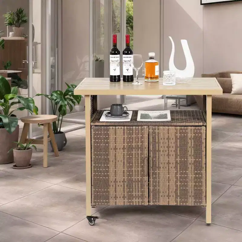 NAYSAYE Bar Serving Cart Outdoor Wicker Wine and Beverage Counter with Plastic Wood Top for Patio , Beige, 35.43*19.69*35.43
