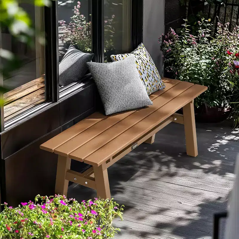 VINGLI 47 Outdoor Bench Garden Bench w/Metal Legs, Poly Lumber Patio Bench, 660 LBS Capacity Outdoor Backless Porch Bench(Teak)